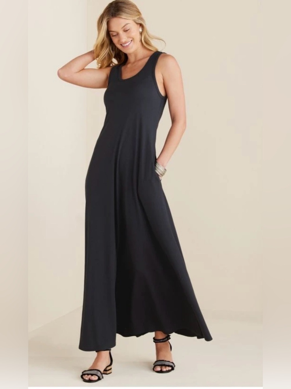 Santiago Soft Surroundings Black Sleeveless Flared Maxi Dress XLT